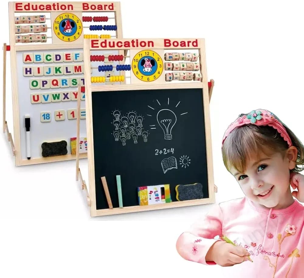 Educational Learning Multipurpose Double-Sided Magnetic Wooden Writing, Drawing Board (Whiteboard + Blackboard)