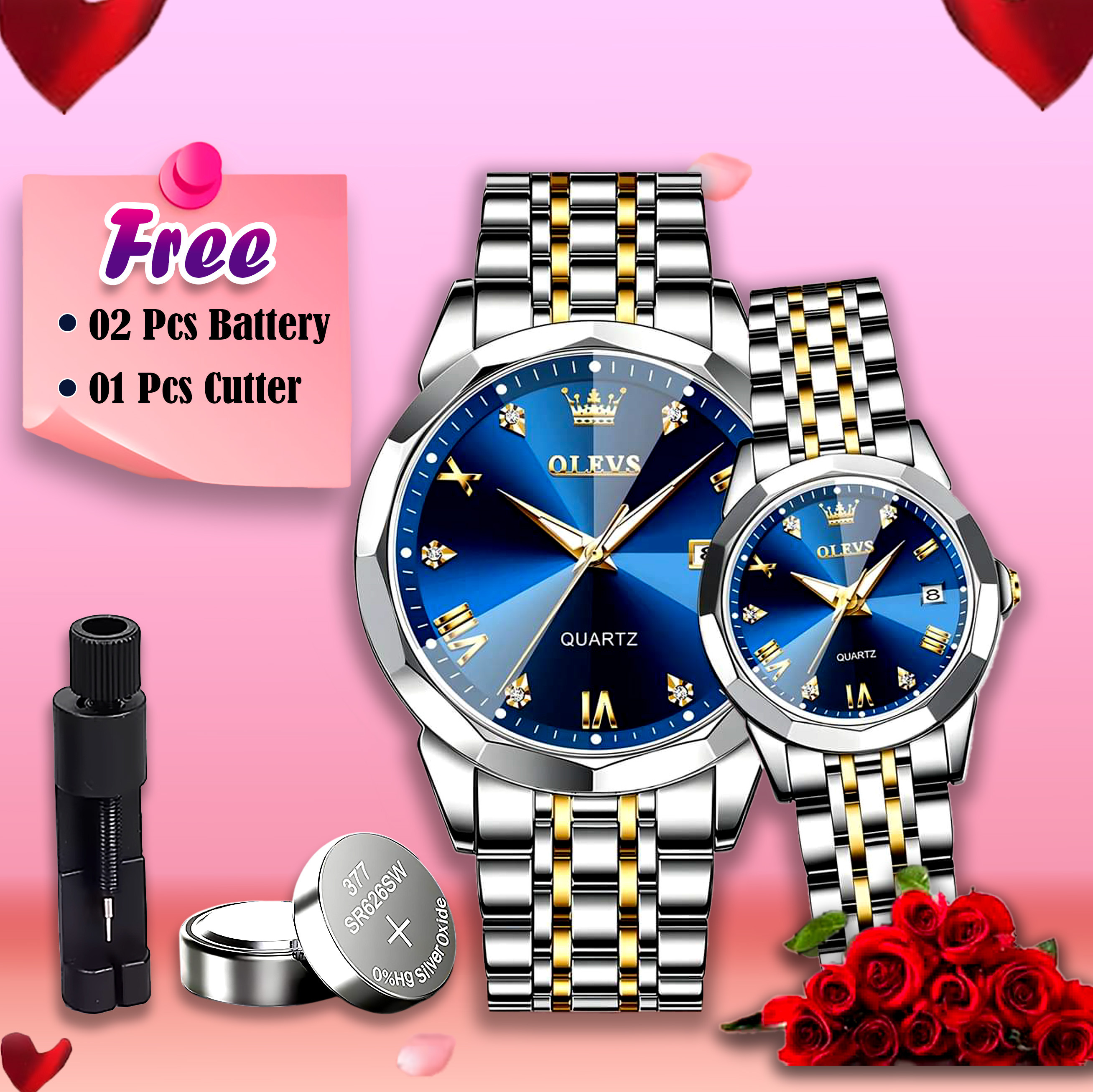 Olevs Stainless Steel fashionable Couple watches Butter Fly Lock Silver Blue