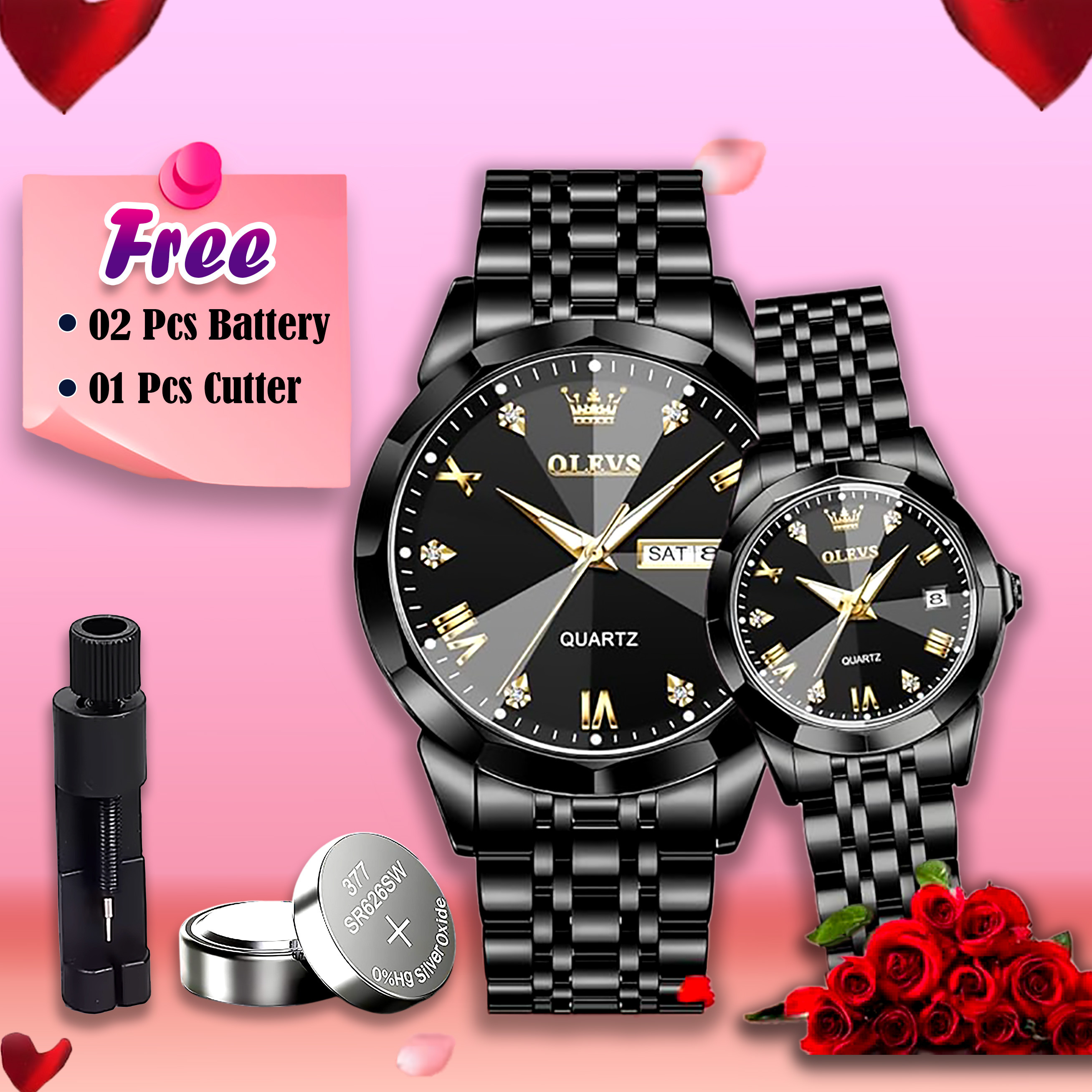 Olevs Stainless Steel fashionable Couple watches Butter Fly Lock Full Black